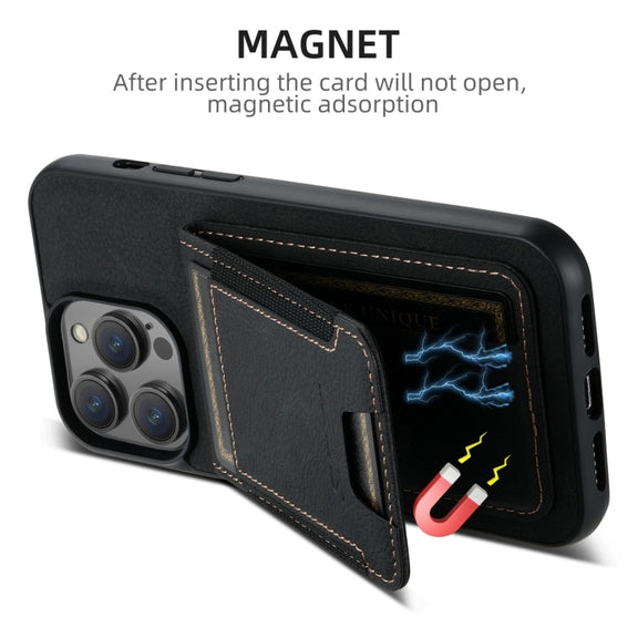 For iPhone 16 Plus Suteni H03 Litchi Leather Card Bag Stand Back Phone Case(Black)
