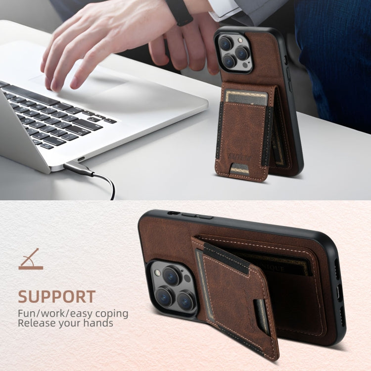 For iPhone 16 Plus Suteni H03 Litchi Leather Card Bag Stand Back Phone Case(Brown)