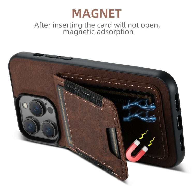For iPhone 16 Plus Suteni H03 Litchi Leather Card Bag Stand Back Phone Case(Brown)