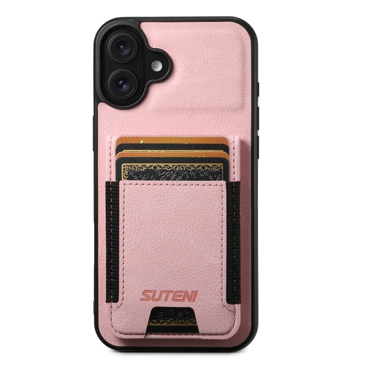 For iPhone 16 Plus Suteni H03 Litchi Leather Card Bag Stand Back Phone Case(Pink)