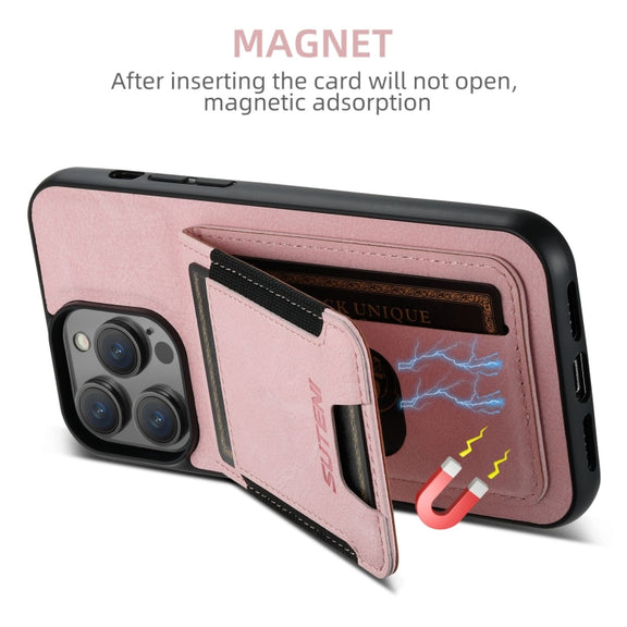For iPhone 16 Plus Suteni H03 Litchi Leather Card Bag Stand Back Phone Case(Pink)