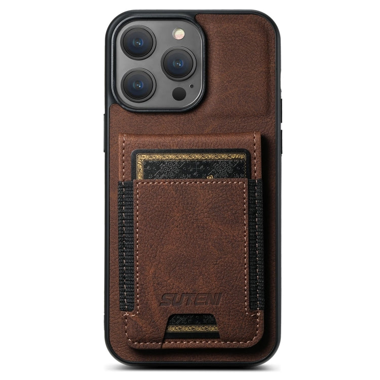 For iPhone 16 Pro Max Suteni H03 Litchi Leather Card Bag Stand Back Phone Case(Brown)