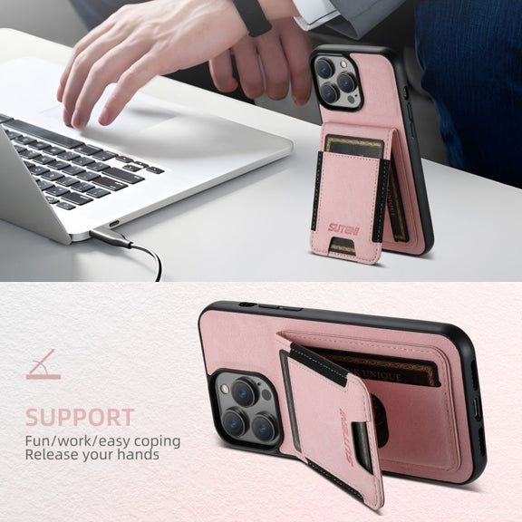 For iPhone 16 Pro Max Suteni H03 Litchi Leather Card Bag Stand Back Phone Case(Pink)