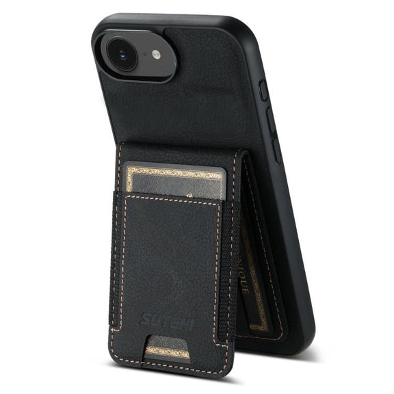 For iPhone 16e Suteni H03 Litchi Leather Card Bag Stand Back Phone Case(Black)