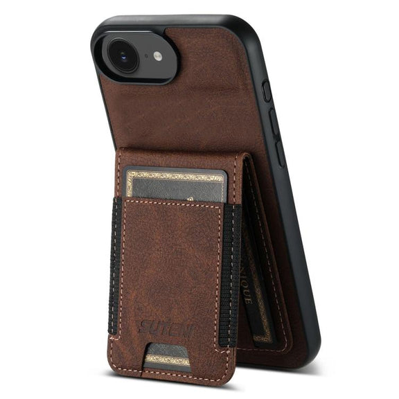 For iPhone 16e Suteni H03 Litchi Leather Card Bag Stand Back Phone Case(Brown)
