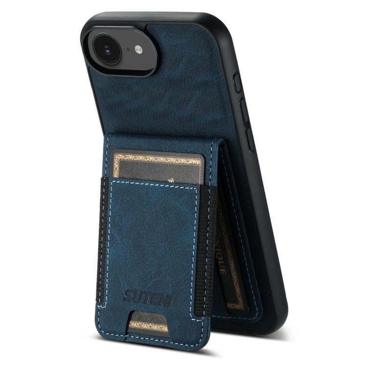 For iPhone 16e Suteni H03 Litchi Leather Card Bag Stand Back Phone Case(Blue)
