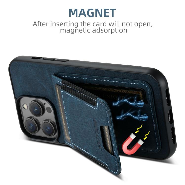 For iPhone 16e Suteni H03 Litchi Leather Card Bag Stand Back Phone Case(Blue)