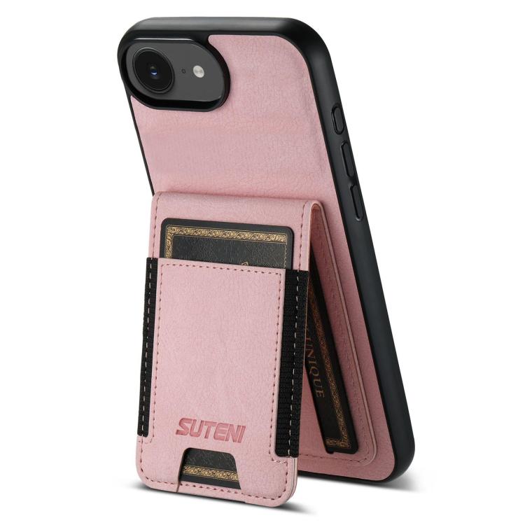 For iPhone 16e Suteni H03 Litchi Leather Card Bag Stand Back Phone Case(Pink)