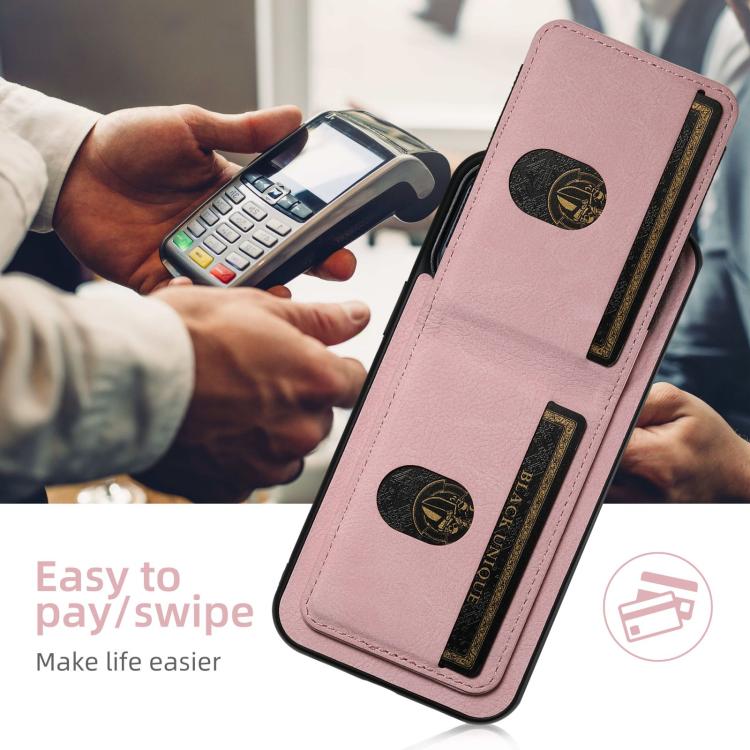 For iPhone 16e Suteni H03 Litchi Leather Card Bag Stand Back Phone Case(Pink)
