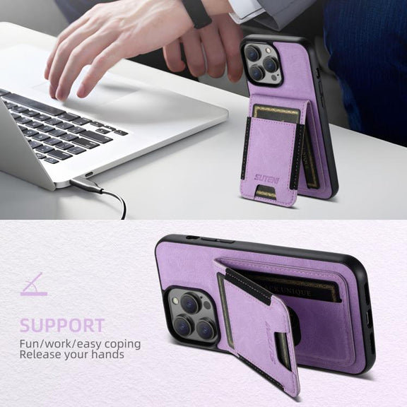 For iPhone 16e Suteni H03 Litchi Leather Card Bag Stand Back Phone Case(Purple)