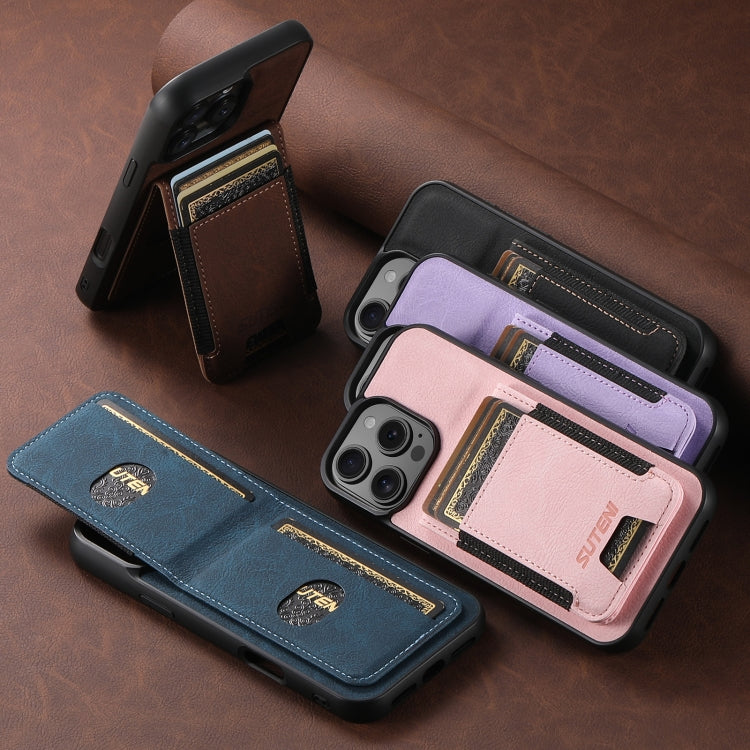 For iPhone 16e Suteni H03 Litchi Leather Card Bag Stand Back Phone Case(Brown)