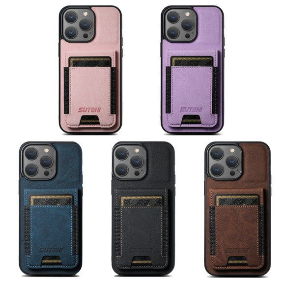 For iPhone 16 Pro Suteni H03 Litchi Leather Card Bag Stand Back Phone Case(Black)