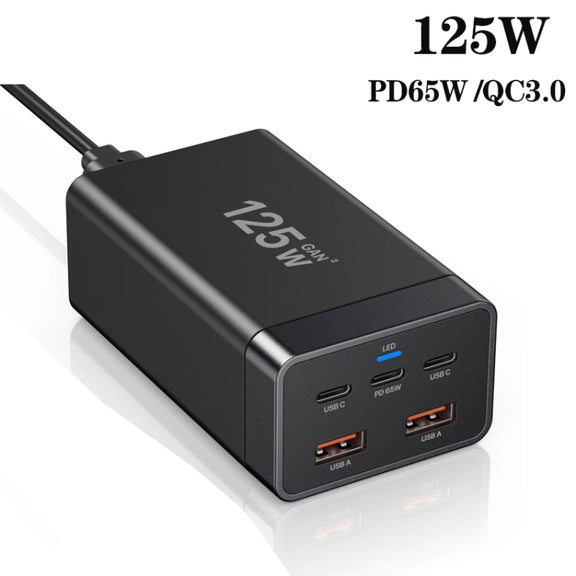 GAN 125W PD65W Dual Type-C + QC3.0 USB Multi Compatible Notebook Adapter UK Plug