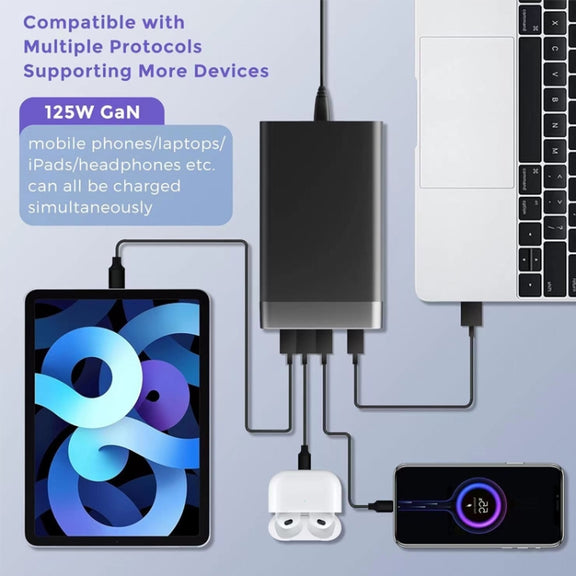 GAN 125W PD65W Dual Type-C + QC3.0 USB Multi Compatible Notebook Adapter UK Plug