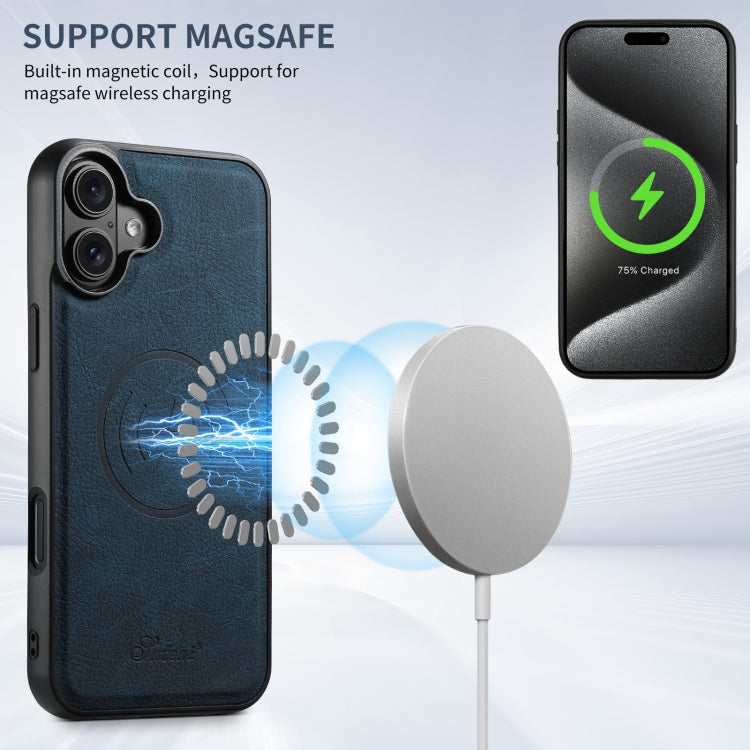 For iPhone 16 Suteni H17 Litchi Texture Leather MagSafe Detachable Wallet Phone Case(Blue)
