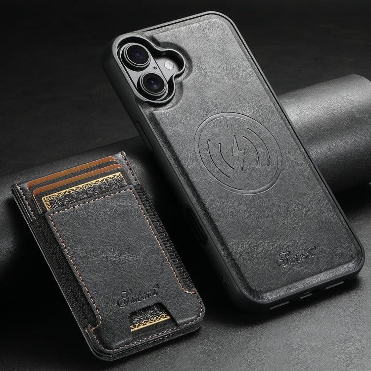 For iPhone 16 Plus Suteni H17 Oil Eax Leather MagSafe Detachable Wallet Phone Case(Black)