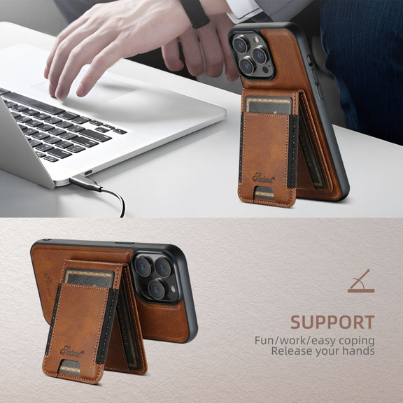 For iPhone 16 Pro Max Suteni H17 Oil Eax Leather MagSafe Detachable Wallet Phone Case(Brown)
