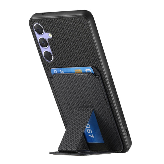 For Samsung Galaxy S25 5G Carbon Fiber Card Bag Fold Stand Phone Case(Black)