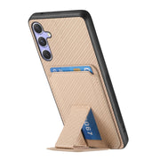 For Samsung Galaxy S25 5G Carbon Fiber Card Bag Fold Stand Phone Case(Khaki)