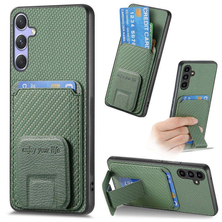 For Samsung Galaxy S25 5G Carbon Fiber Card Bag Fold Stand Phone Case(Green)