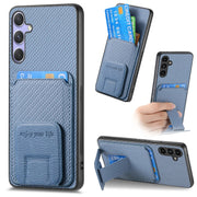 For Samsung Galaxy S25+ 5G Carbon Fiber Card Bag Fold Stand Phone Case(Blue)