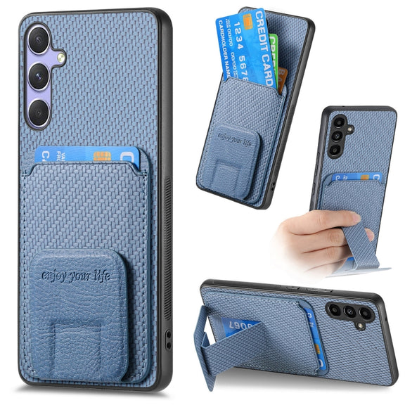 For Samsung Galaxy S25+ 5G Carbon Fiber Card Bag Fold Stand Phone Case(Blue)