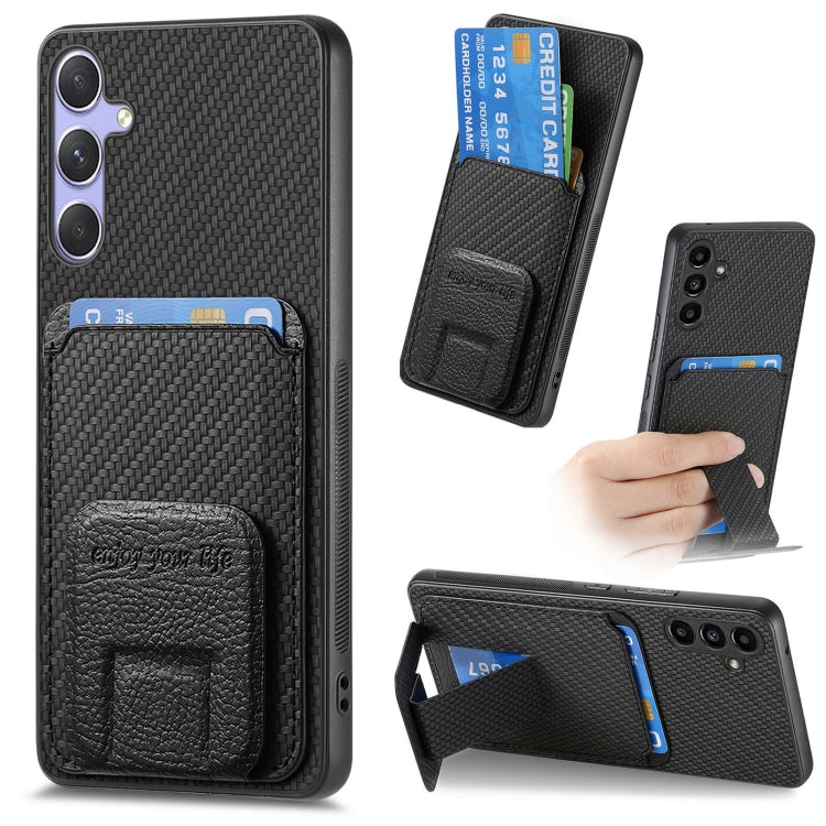For Samsung Galaxy S25+ 5G Carbon Fiber Card Bag Fold Stand Phone Case(Black)