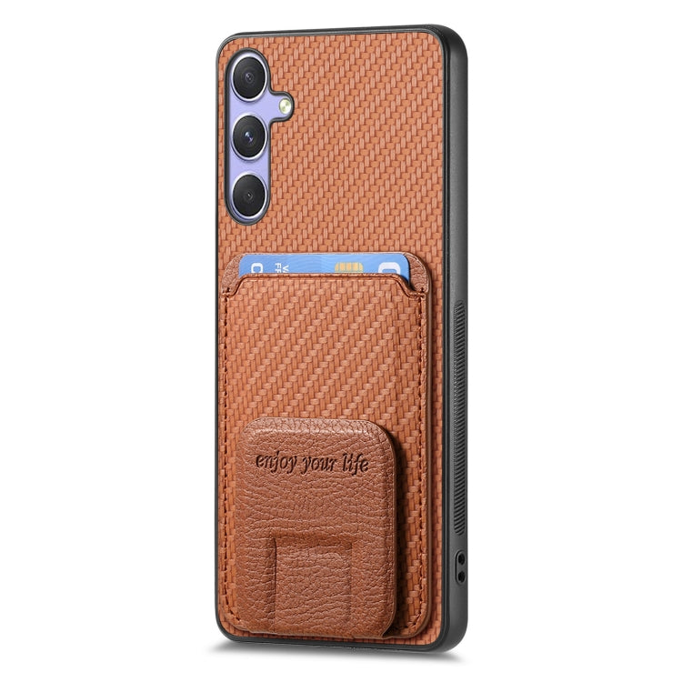 For Samsung Galaxy S25+ 5G Carbon Fiber Card Bag Fold Stand Phone Case(Brown)