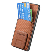 For Samsung Galaxy S25+ 5G Carbon Fiber Card Bag Fold Stand Phone Case(Brown)