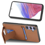 For Samsung Galaxy S25+ 5G Carbon Fiber Card Bag Fold Stand Phone Case(Brown)