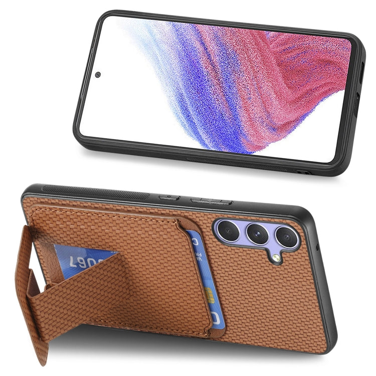 For Samsung Galaxy S25+ 5G Carbon Fiber Card Bag Fold Stand Phone Case(Brown)
