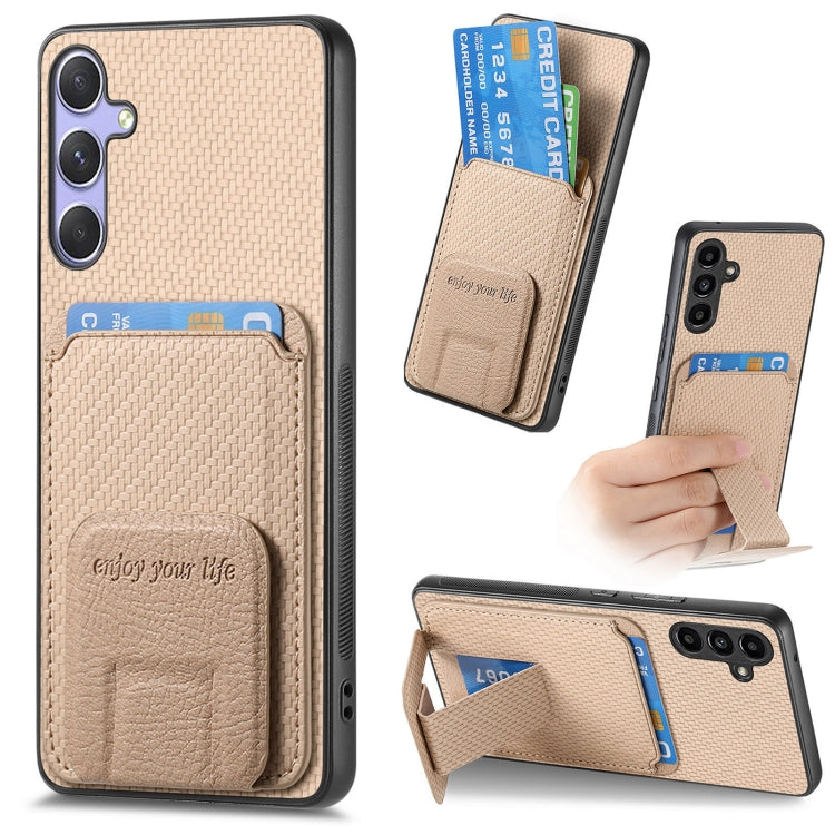 For Samsung Galaxy S25+ 5G Carbon Fiber Card Bag Fold Stand Phone Case(Khaki)