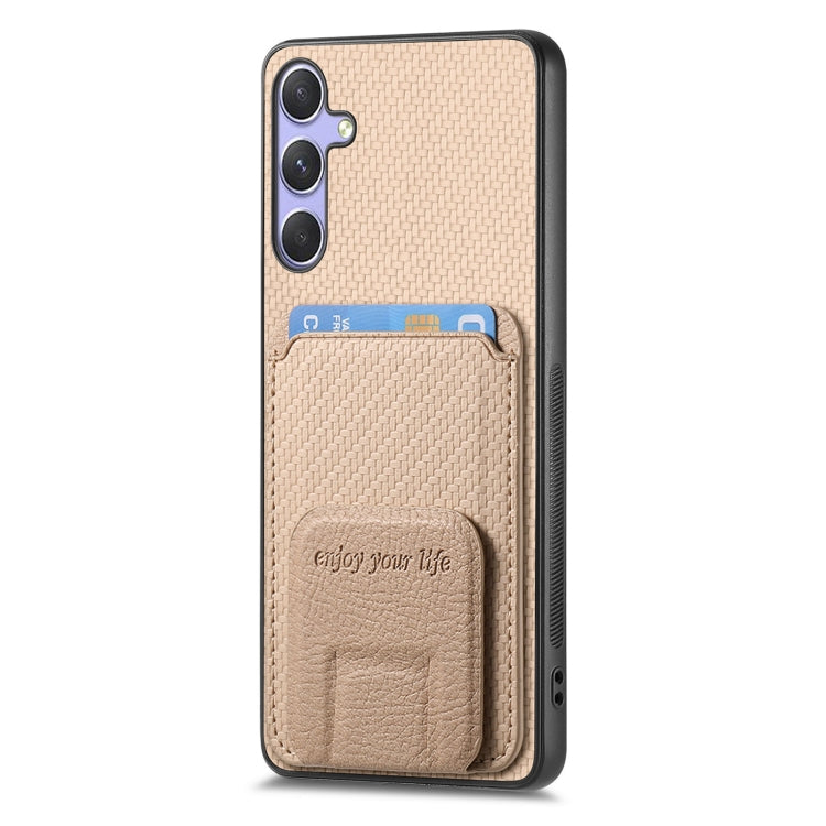 For Samsung Galaxy S25+ 5G Carbon Fiber Card Bag Fold Stand Phone Case(Khaki)