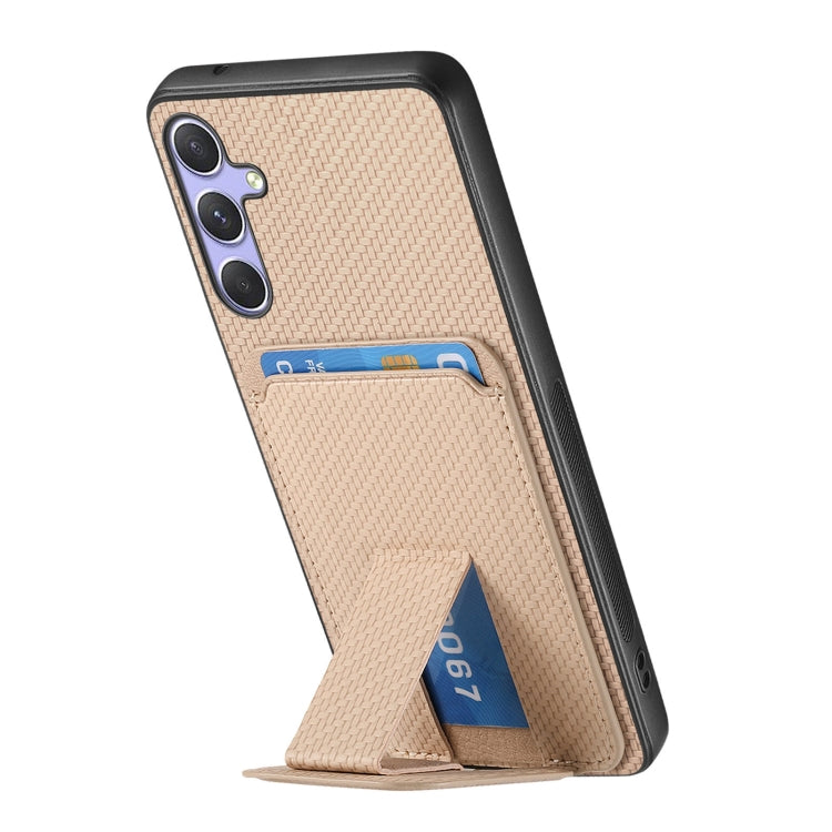 For Samsung Galaxy S25+ 5G Carbon Fiber Card Bag Fold Stand Phone Case(Khaki)