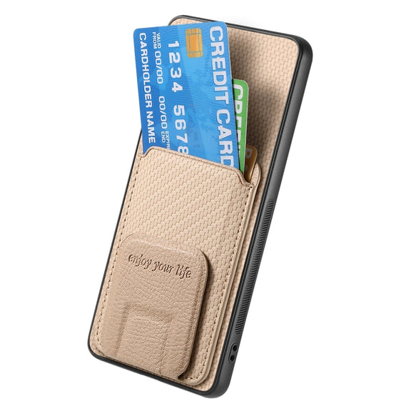 For Samsung Galaxy S25+ 5G Carbon Fiber Card Bag Fold Stand Phone Case(Khaki)