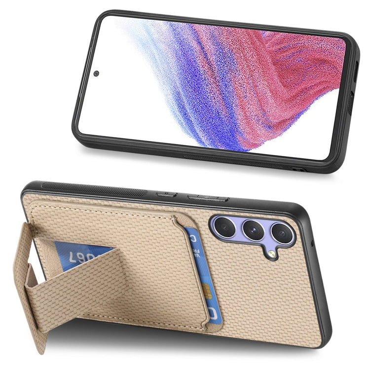 For Samsung Galaxy S25+ 5G Carbon Fiber Card Bag Fold Stand Phone Case(Khaki)