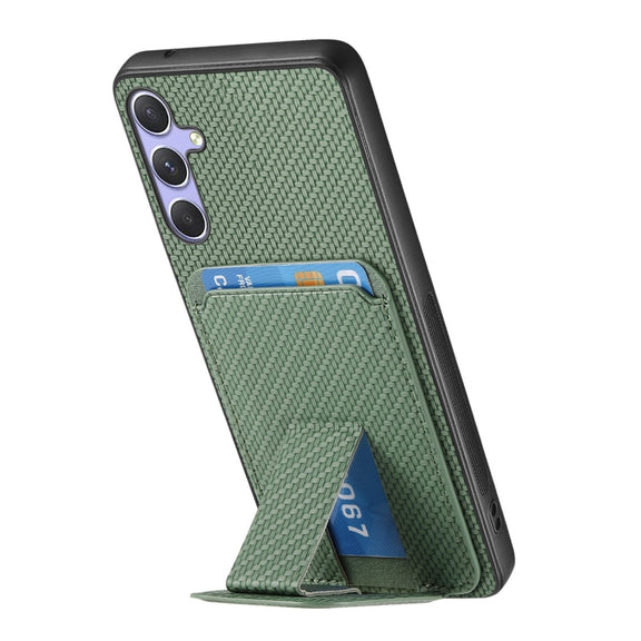 For Samsung Galaxy S25+ 5G Carbon Fiber Card Bag Fold Stand Phone Case(Green)