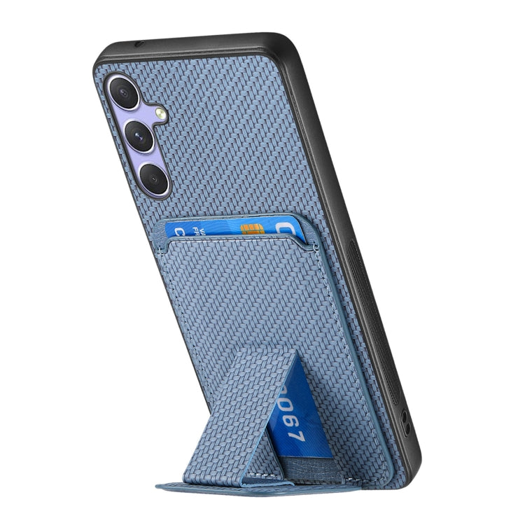 For Samsung Galaxy S25 Ultra 5G Carbon Fiber Card Bag Fold Stand Phone Case(Blue)