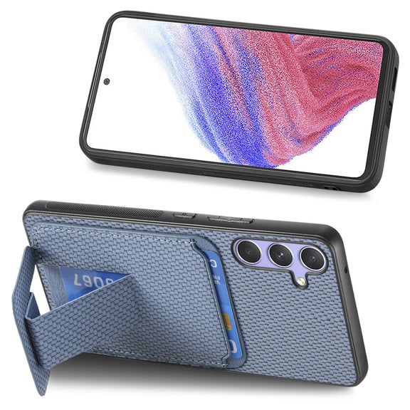 For Samsung Galaxy S25 Ultra 5G Carbon Fiber Card Bag Fold Stand Phone Case(Blue)