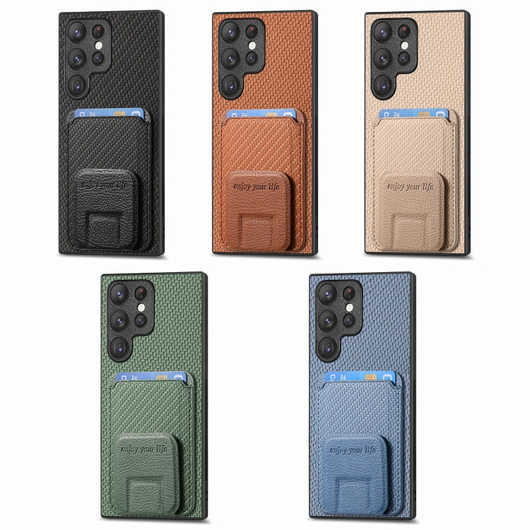 For Samsung Galaxy S25+ 5G Carbon Fiber Card Bag Fold Stand Phone Case(Khaki)