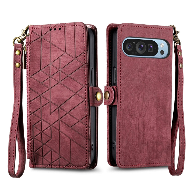 For Google Pixel 9 Geometric Zipper Wallet Side Buckle Leather Phone Case(Red)