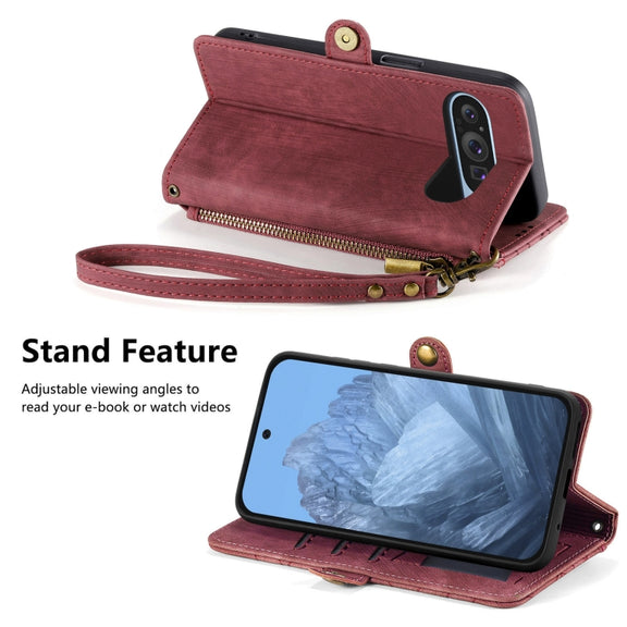 For Google Pixel 9 Geometric Zipper Wallet Side Buckle Leather Phone Case(Red)