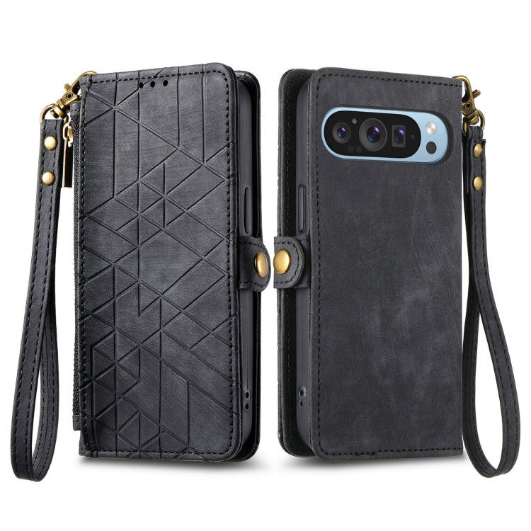 For Google Pixel 9 Geometric Zipper Wallet Side Buckle Leather Phone Case(Black)