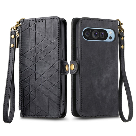 For Google Pixel 9 Geometric Zipper Wallet Side Buckle Leather Phone Case(Black)