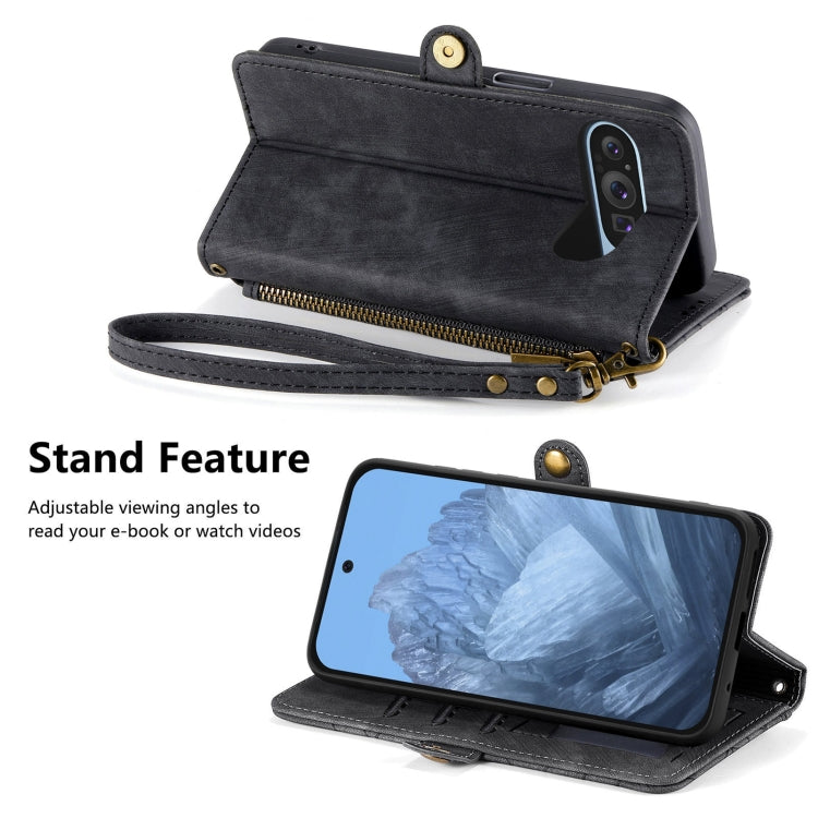 For Google Pixel 9 Geometric Zipper Wallet Side Buckle Leather Phone Case(Black)
