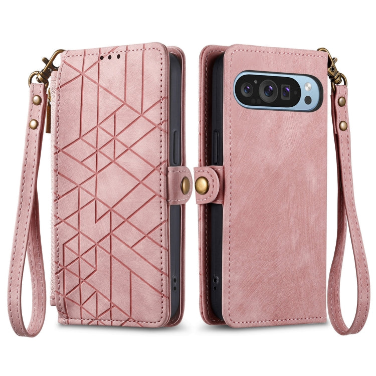 For Google Pixel 9 Geometric Zipper Wallet Side Buckle Leather Phone Case(Pink)
