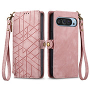 For Google Pixel 9 Geometric Zipper Wallet Side Buckle Leather Phone Case(Pink)
