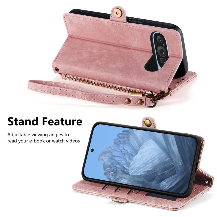 For Google Pixel 9 Geometric Zipper Wallet Side Buckle Leather Phone Case(Pink)