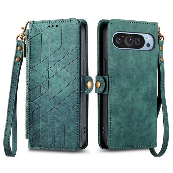 For Google Pixel 9 Geometric Zipper Wallet Side Buckle Leather Phone Case(Green)