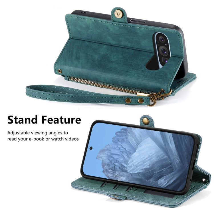 For Google Pixel 9 Geometric Zipper Wallet Side Buckle Leather Phone Case(Green)